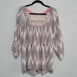 Rewind‎ Womens Sheer Chevron Top Size L Lacey Boho Beaded Twee French Prairie